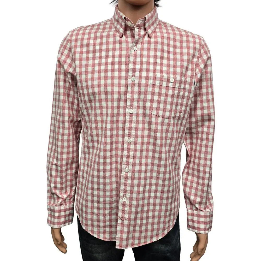 J. Crew Jaspe Cotton Shirt Men M Slim Fit Red White Gingham Check Long Sleeve